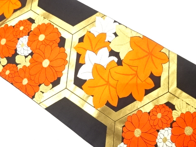 アンティーク　亀甲に菊・紅葉模様織り出し袋帯（材料）